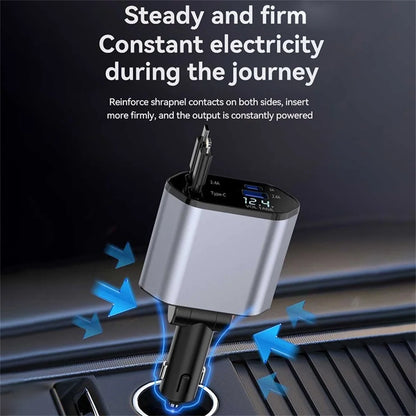 4 in 1 Retractable Car Charger, 120W Fast Car Phone Charger with Iphone and Type C Cable and 2 Charging Ports Car Charger Adapter