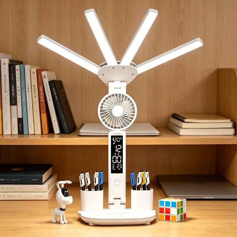 LED Rechargeable Table Lamp for Study, Desk Lamp Reading Light Led Table Light with Fan, Led Clock Dispaly Reading Lamp