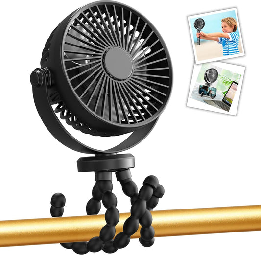 Mini Handheld Personal Portable Fan, Baby Stroller Fan, Car Seat Fan, USB or Battery Powered, with Flexible Tripod Clip on Student Bed Desk Bike Crib Treadmill Camping Traveling(Black)