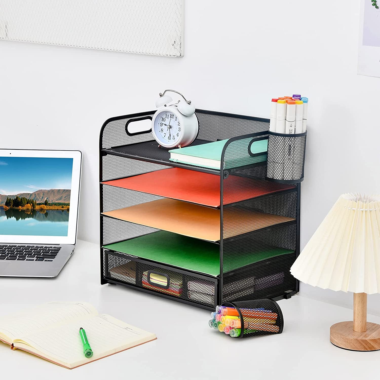 Paper Letter Tray, 5 Tier Mesh File Organizer with Pen Holder and Drawer, Paper Shelves Sorter Rack, Paper Tray Organizer for Letter/A4 Office File Folder Holder - Black