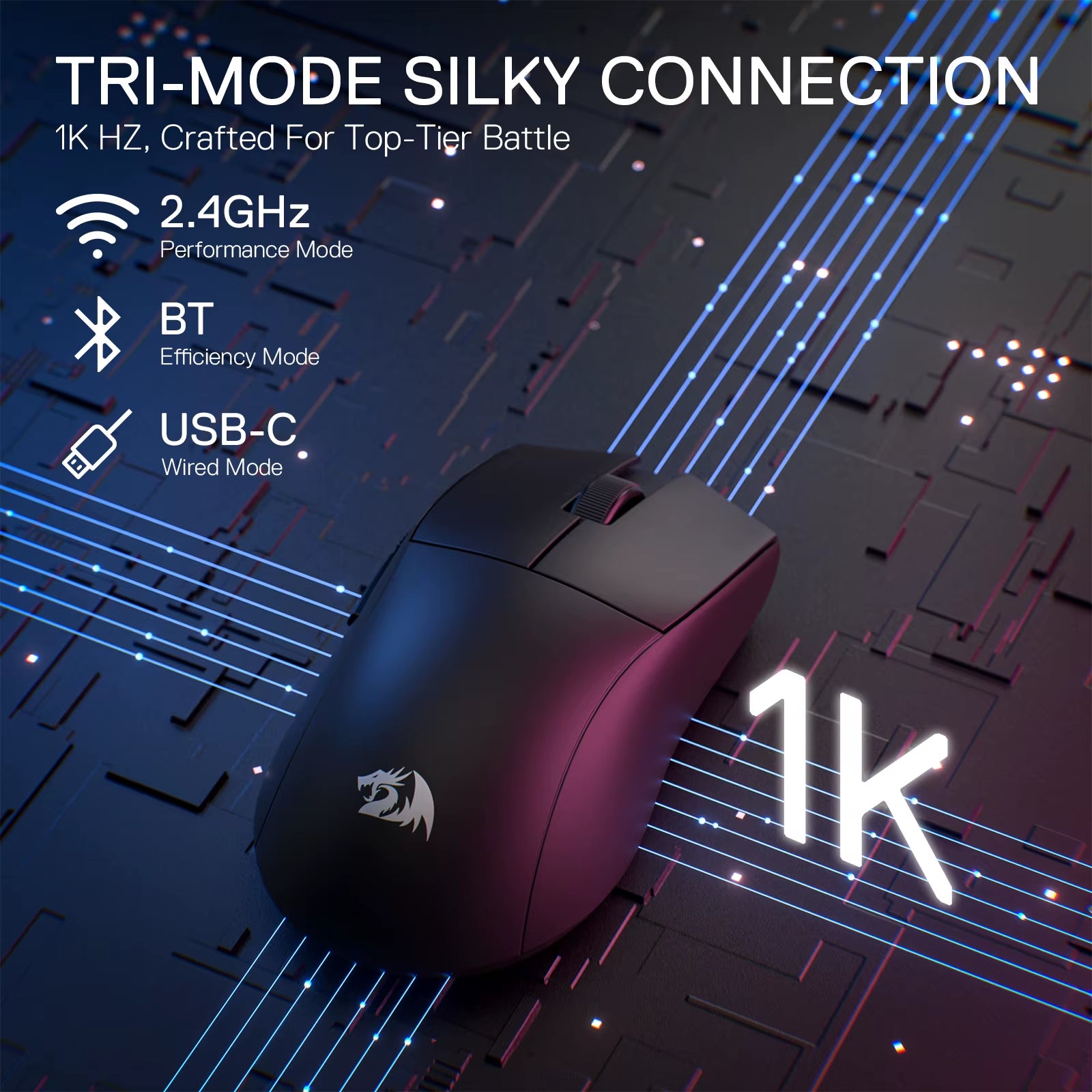 M916 PRO 3-Mode Wireless Gaming Mouse, 49G Ultra-Light 26K DPI Full Programmable Buttons Gamer Mouse