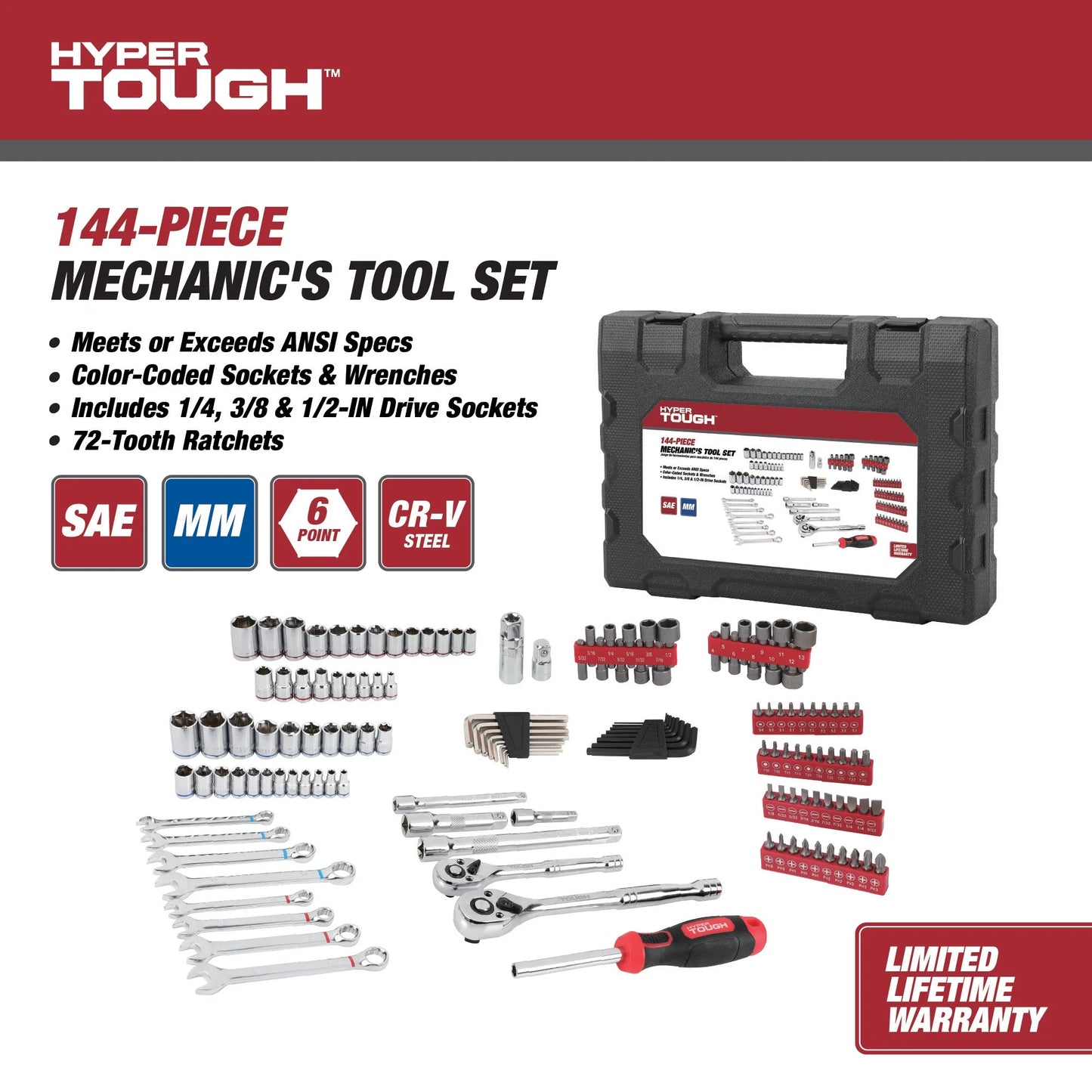 144-Piece 1/4, 3/8 and 1/2-Inch Drive Mechanics Tool Set, Chrome Finish