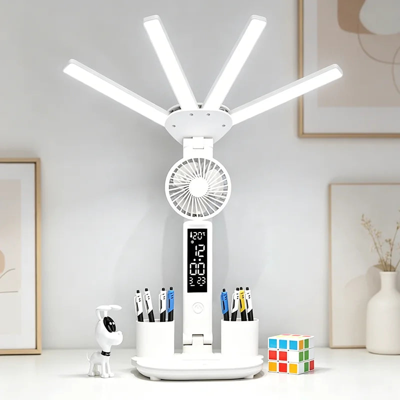 LED Rechargeable Table Lamp for Study, Desk Lamp Reading Light Led Table Light with Fan, Led Clock Dispaly Reading Lamp