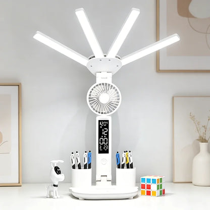 LED Rechargeable Table Lamp for Study, Desk Lamp Reading Light Led Table Light with Fan, Led Clock Dispaly Reading Lamp