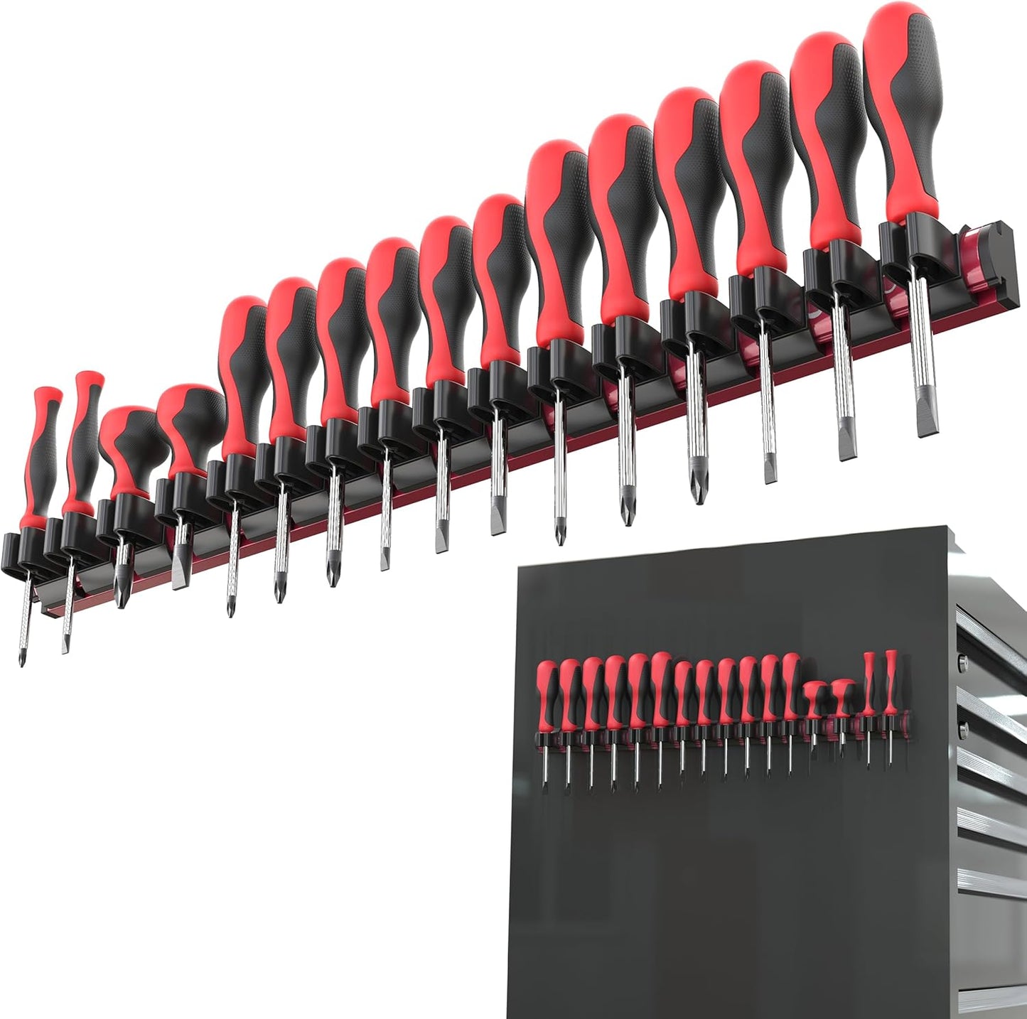 Magnetic Screwdriver Organizer - Screwdriver Holder with Strong Magnets and Foam Backing - Professional Tool Holder and Tool Organizer - Stores up to 16 Screwdrivers - Red - Part: 1008
