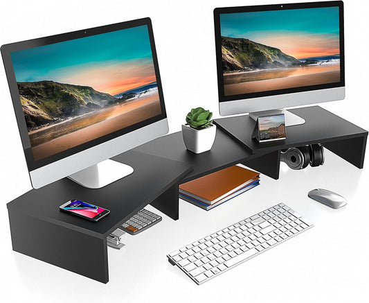 Dual Monitor Stand Riser, Adjustable Length and Angle, Black | Wooden 3-Shelf Design, Supports up to 55Lbs, Flexible for Standard Corner Space, Holds Monitor, Laptop, Phone, Printer
