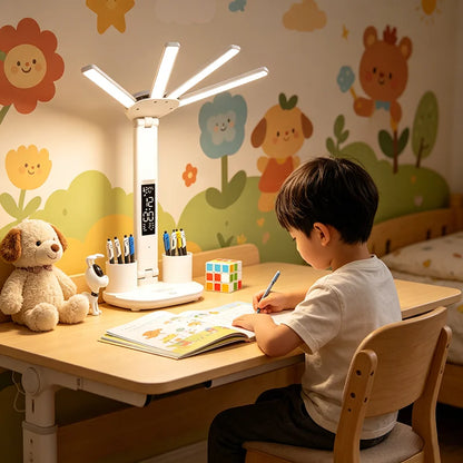 LED Rechargeable Table Lamp for Study, Desk Lamp Reading Light Led Table Light with Fan, Led Clock Dispaly Reading Lamp
