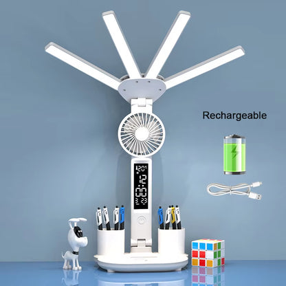 LED Rechargeable Table Lamp for Study, Desk Lamp Reading Light Led Table Light with Fan, Led Clock Dispaly Reading Lamp