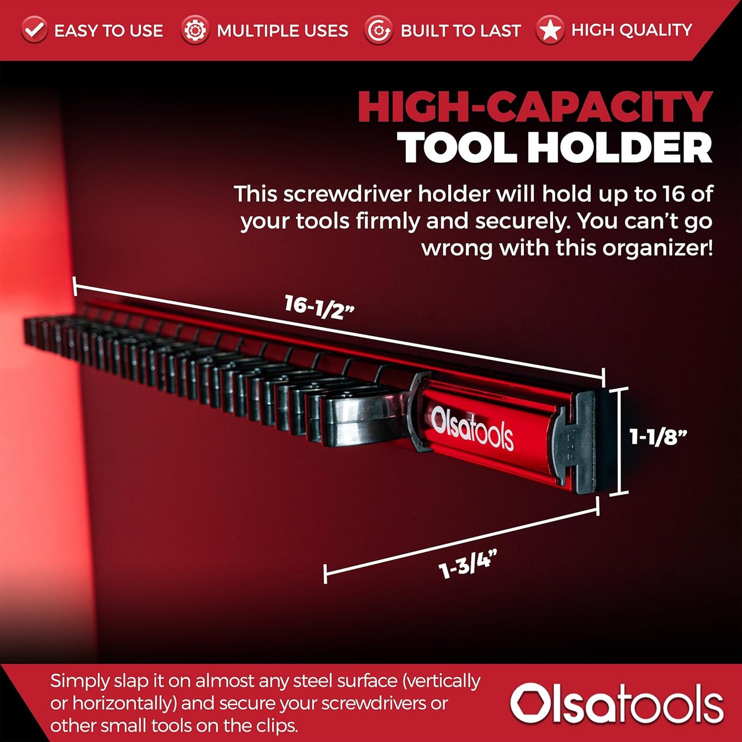 Magnetic Screwdriver Organizer - Screwdriver Holder with Strong Magnets and Foam Backing - Professional Tool Holder and Tool Organizer - Stores up to 16 Screwdrivers - Red - Part: 1008