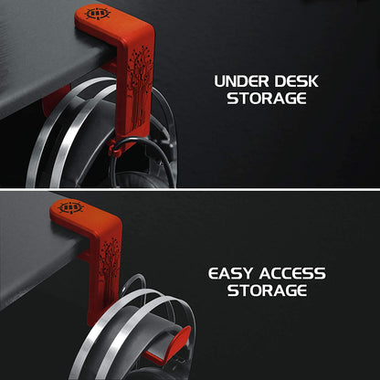 PC Gaming Headphone Holder - Desk Headphone Hanger Esports Headset Holder with Adjustable 360 Rotation, under Desk Hook Clamp, Universal Fit - Built in Cable Clip Organizer - Red