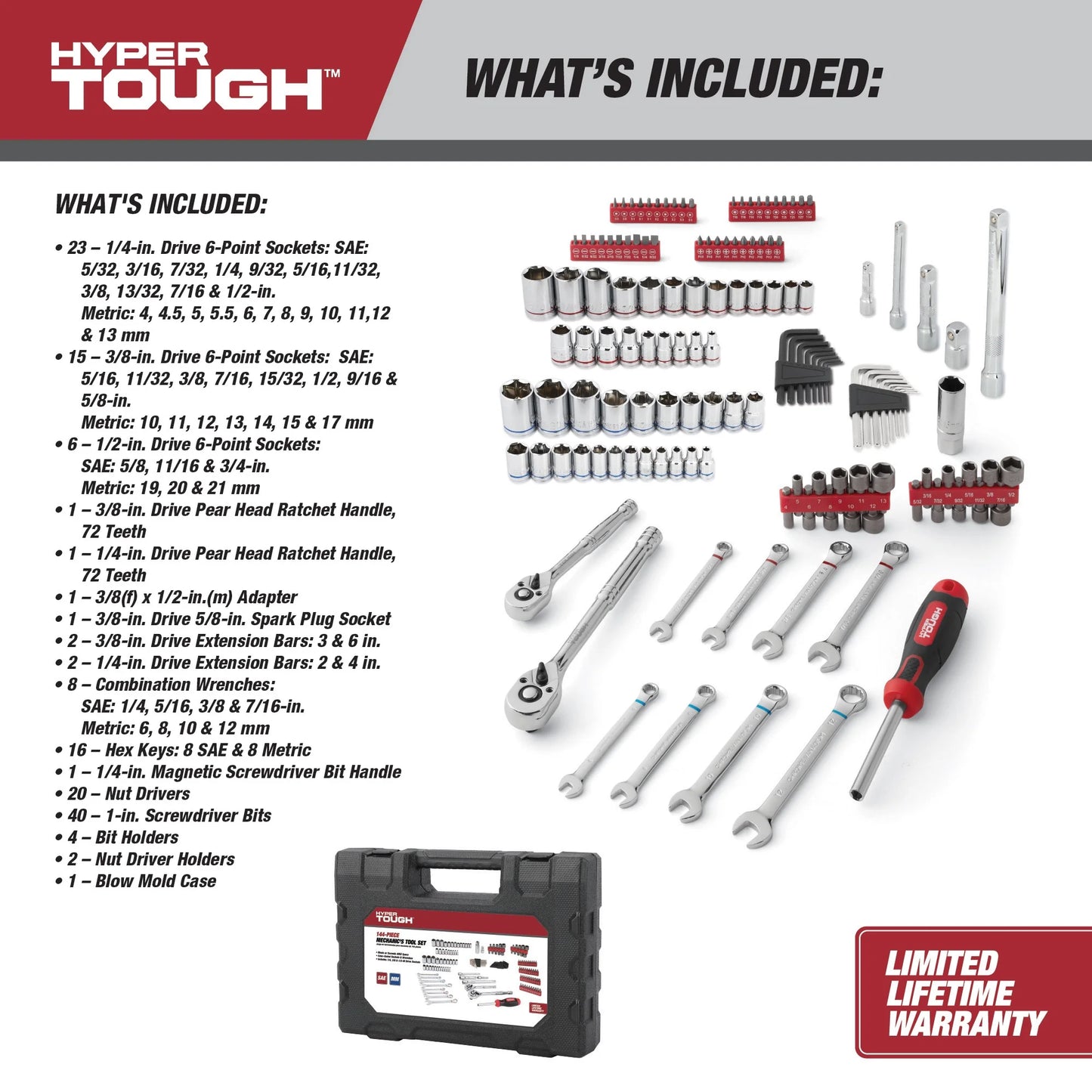 144-Piece 1/4, 3/8 and 1/2-Inch Drive Mechanics Tool Set, Chrome Finish