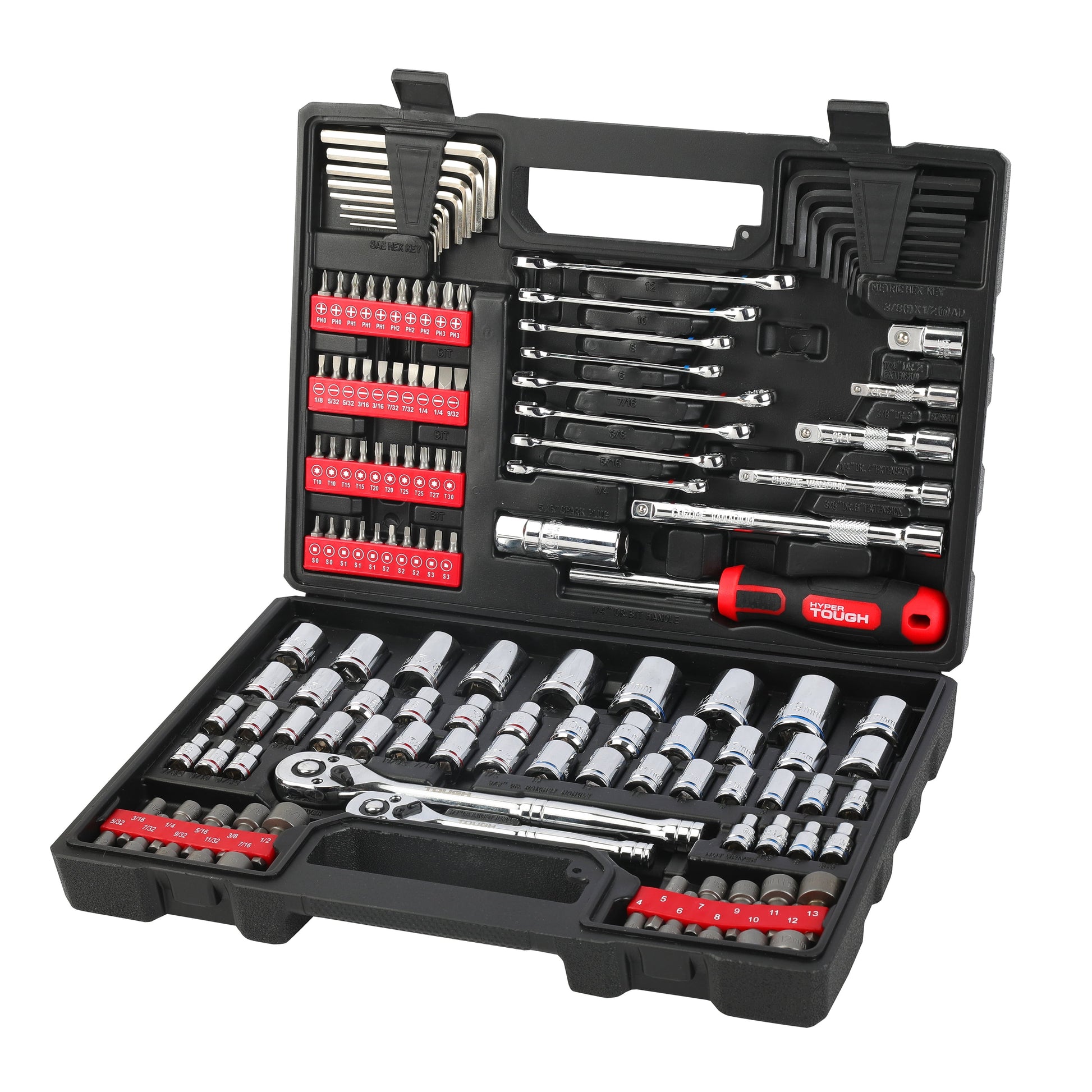 144-Piece 1/4, 3/8 and 1/2-Inch Drive Mechanics Tool Set, Chrome Finish