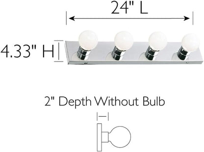 Vanity Lighting, Steel Construction, 4 Vanity Lights, Dimmable, Uses Four 60W Bulbs, Polished Chrome, 24.0 In. W X 4.3 In. H X 2.0 In. D, 500892